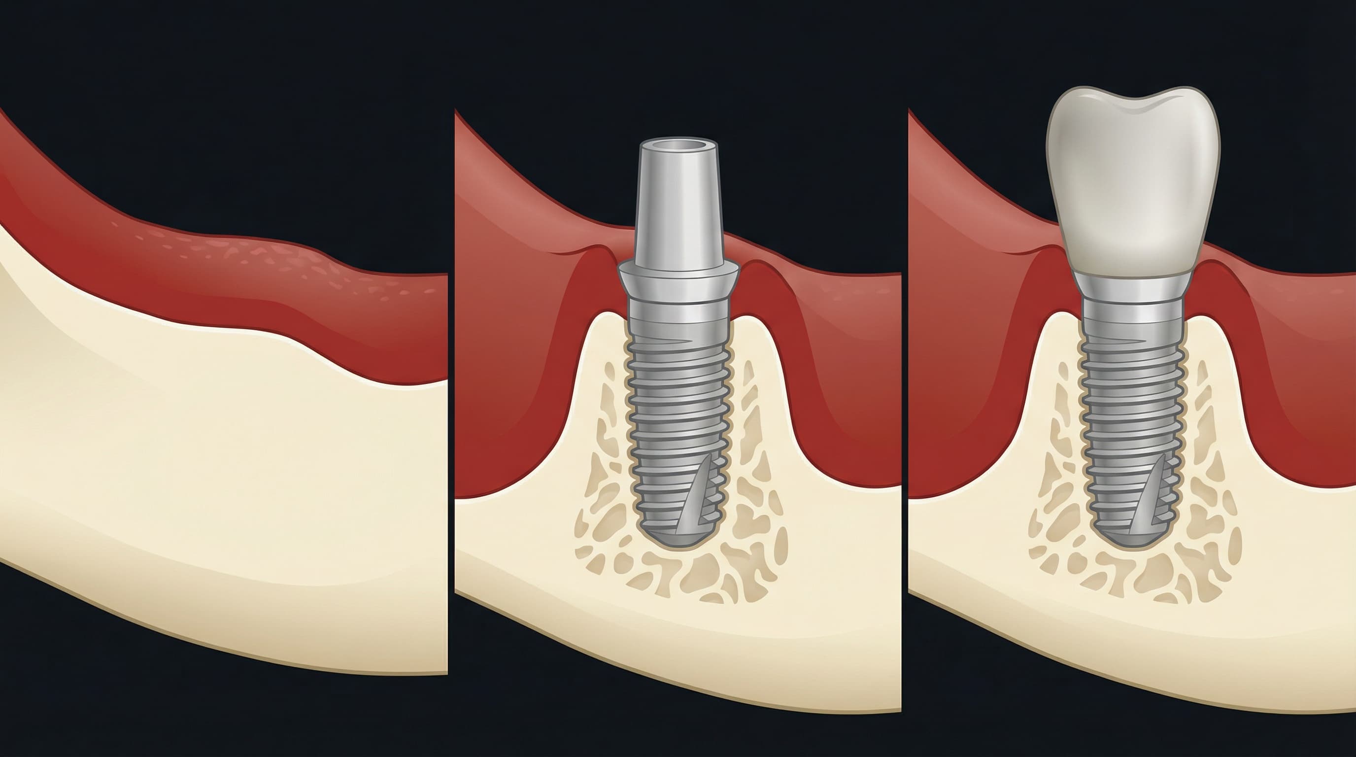 Three-panel AI dental illustrations with consistent styling Three-panel periodontal research visuals showing implant placement stages with consistent styling