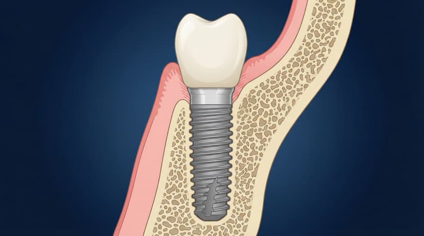 Dental implant diagram showing crown, abutment, and implant fixture in bone